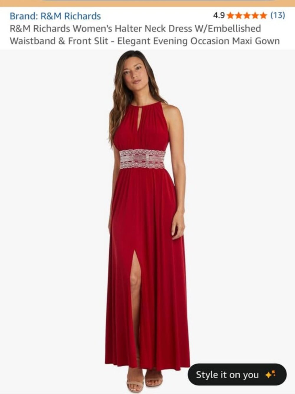Red R&M Richards Women's Halter Neck Dress W/Embellished Waistband & Front Slit